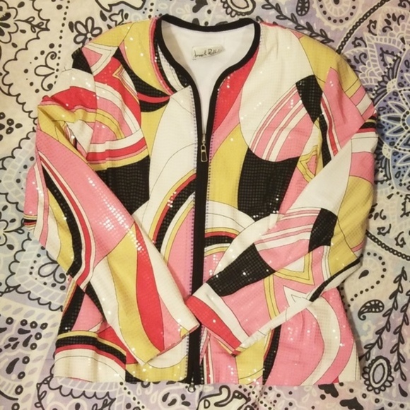 Joseph Ribkoff Jackets & Blazers - Joseph Ribkoff Pink Abstract Sequin Zip Jacket